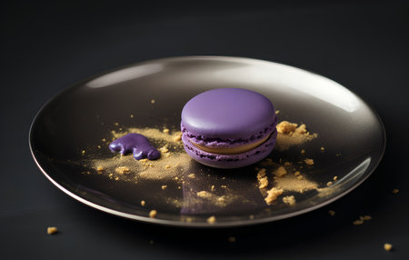Purple macaroon on a black plate. Toned.の素材