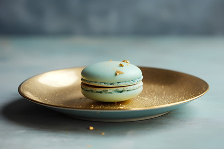 Macaroon in a golden plate on a blue background. Selective focus.の素材