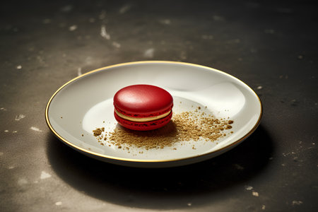 Red macaroon on a white plate. Toned image.の素材