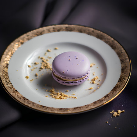 Macaroon on a plate on a dark background. Toned.の素材