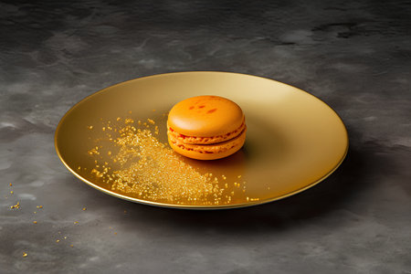 Orange macaroon on a golden plate on a dark background.の素材