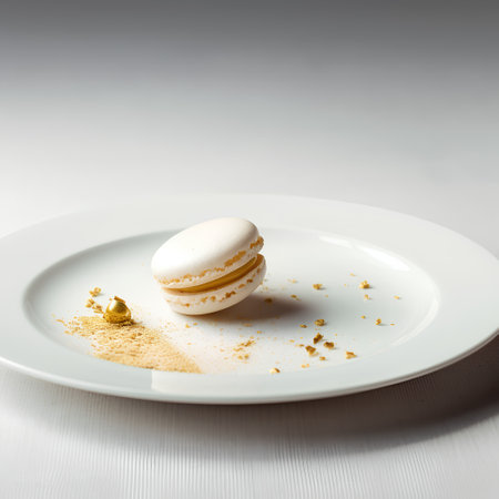 Macaroon on a white plate with golden powder on white backgroundの素材