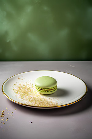 Green macaroon on a white plate. 3d rendering.の素材