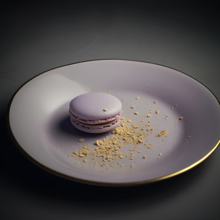 Macaroon in a plate on a dark background. Toned.の素材
