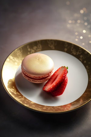 Macaroon and strawberry on a golden plate on a dark backgroundの素材
