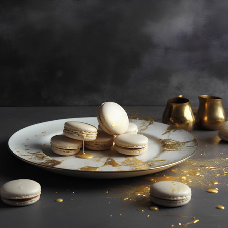 Macarons on a plate with gold confetti on a dark backgroundの素材