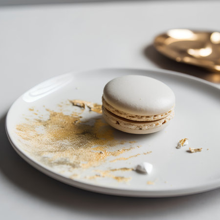 Macaroon on a white plate with gold confetti on the backgroundの素材