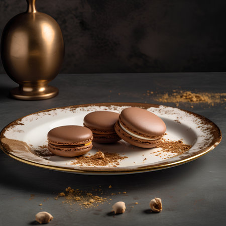 Chocolate macarons on a plate on a dark background.の素材
