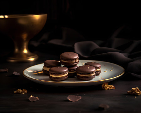 Chocolate macaroons on a plate on a dark background.の素材