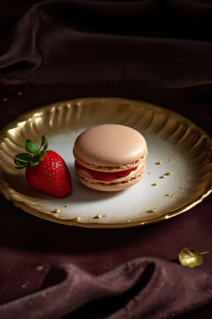 Macaroon with strawberry on a golden plate on a dark backgroundの素材