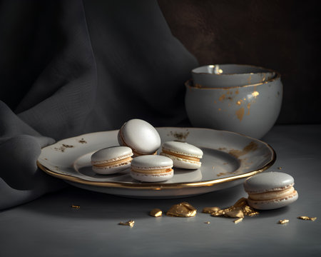 Macaroon cookies on a white plate with a gold cup of coffeeの素材