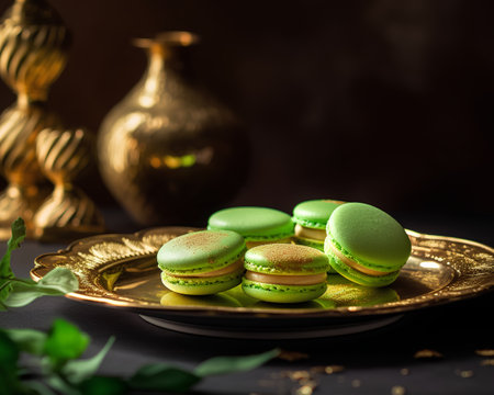 Green macaroons in a golden plate on a dark background.の素材