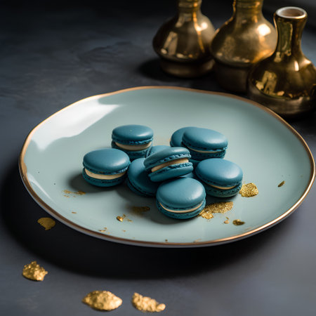 Blue macaroons on a plate with golden confetti on a dark backgroundの素材