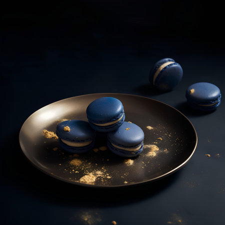 Blue macaroon cakes on a black background. Copy space.の素材