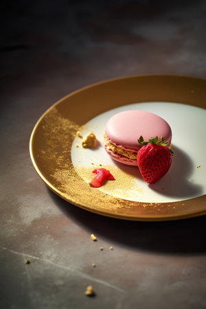 Strawberry macaroon on a golden plate on a dark backgroundの素材