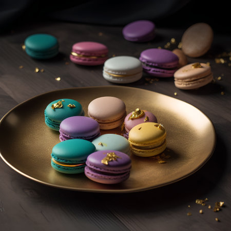 Colorful macaroons on a golden plate on a wooden backgroundの素材