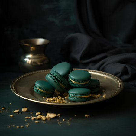 Green macaroons on a vintage plate over dark background. Toned.の素材