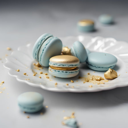 Macaroon on white plate with gold confetti. Selective focus.の素材