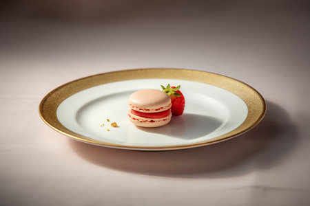 Strawberry and macaroon on a white plate in a restaurantの素材