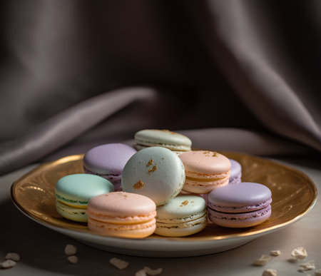 Colorful macaroons in a golden plate on a brown backgroundの素材