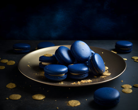Blue macarons in golden plate on dark background. Toned.の素材