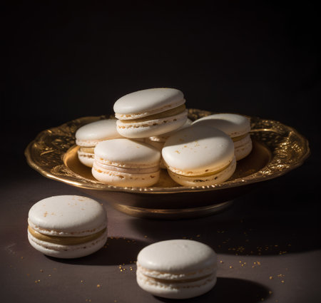 French macarons on a golden plate on a dark background.の素材