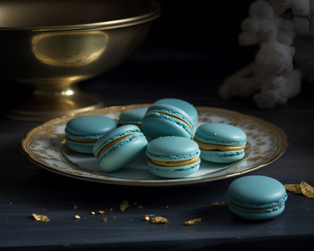 Blue macaroons on a golden plate on a black background.の素材