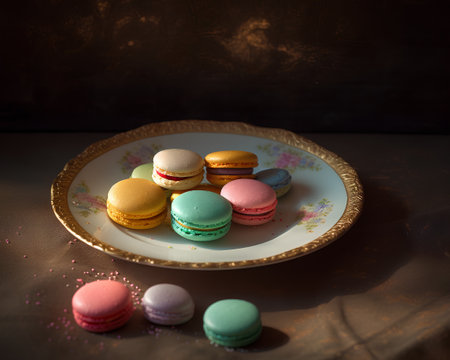 Colorful macaroons on a golden plate. Dark background.の素材