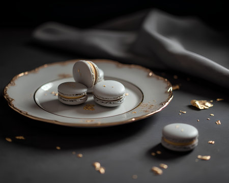 Macarons on a vintage plate, black background, selective focusの素材