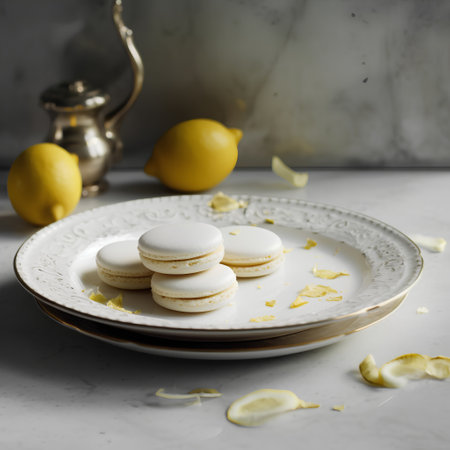 Lemon macarons on a white plate with lemons and mint.の素材