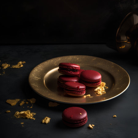 French macaroons on a golden plate on a dark background.の素材
