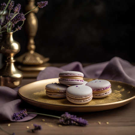 French macarons with lavender on a golden plate on a dark backgroundの素材