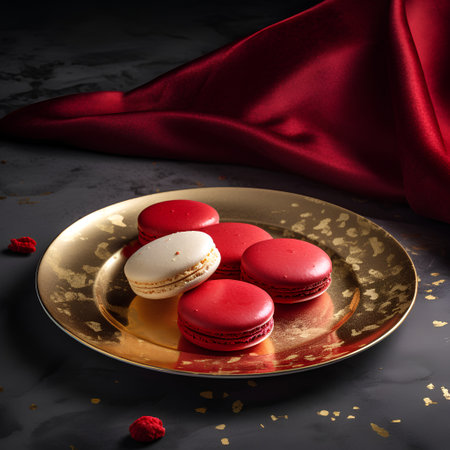French macarons on golden plate with red satin cloth.の素材