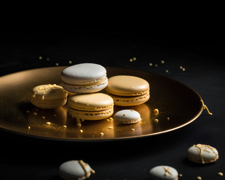 French macaroons on gold plate on black background. Copy space.の素材