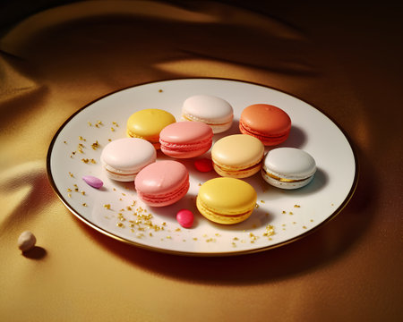 Colorful macaroons in a plate on a golden satin backgroundの素材