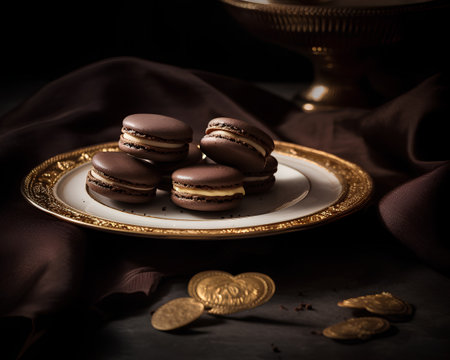 Chocolate macarons on a gold plate on a dark backgroundの素材