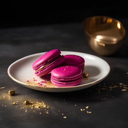 Pink macaroons on a white plate on a dark background.の素材