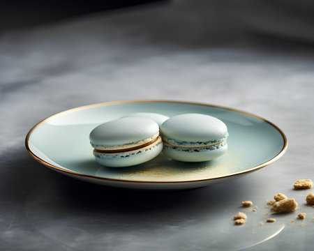 French macarons on a blue plate on a gray background.の素材