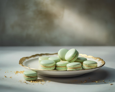 Green macaroons in a plate on a light background. Toned.の素材