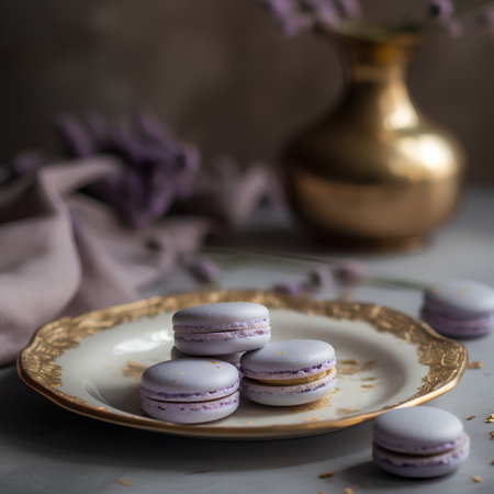Macaroons with lavender on a golden plate, selective focusの素材