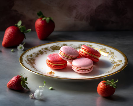 French macaroon cookies with strawberry on a plate on a dark backgroundの素材