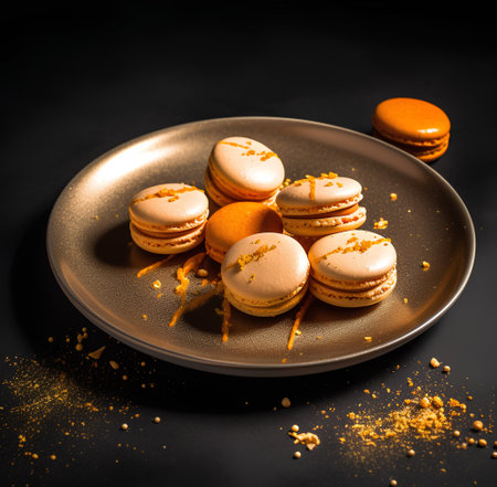 French macaroons on a plate on a black background. Toned.の素材