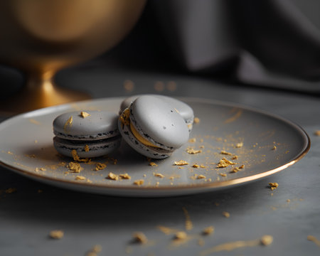 Macaroons on a plate with golden cup on a dark backgroundの素材