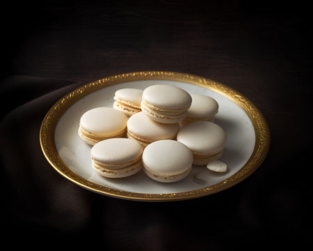 French macarons on a plate over dark background. Toned.の素材