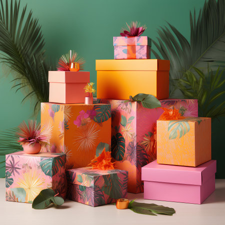 3d render of colorful gift boxes with tropical leaves on green backgroundの素材