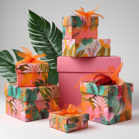 Gift boxes with tropical leaves and ribbons. Vector illustration.の素材