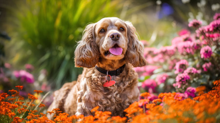 Cocker Spaniel dog in the garden with flowers in the backgroundの素材
