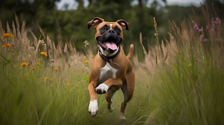 boxer dog running in the field with flowers on a summer dayの素材