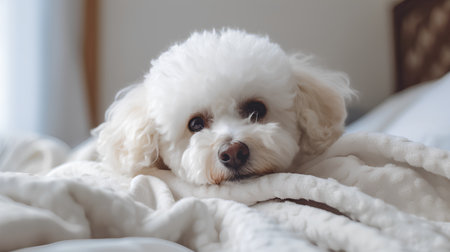 Cute white poodle dog lying on the bed at home.の素材