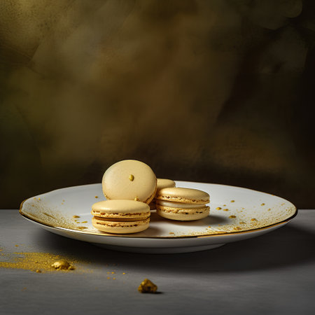 Macaroons on a white plate with golden confetti. 3d renderingの素材